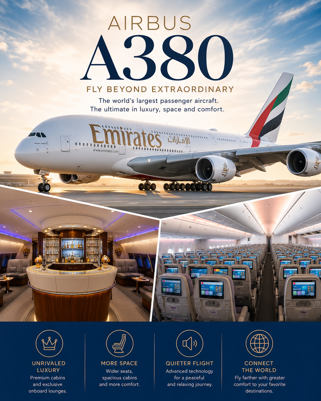 Emirates Airbus A380 flying above the clouds during sunset, showcasing the world's largest passenger aircraft used for luxury international long-haul travel.