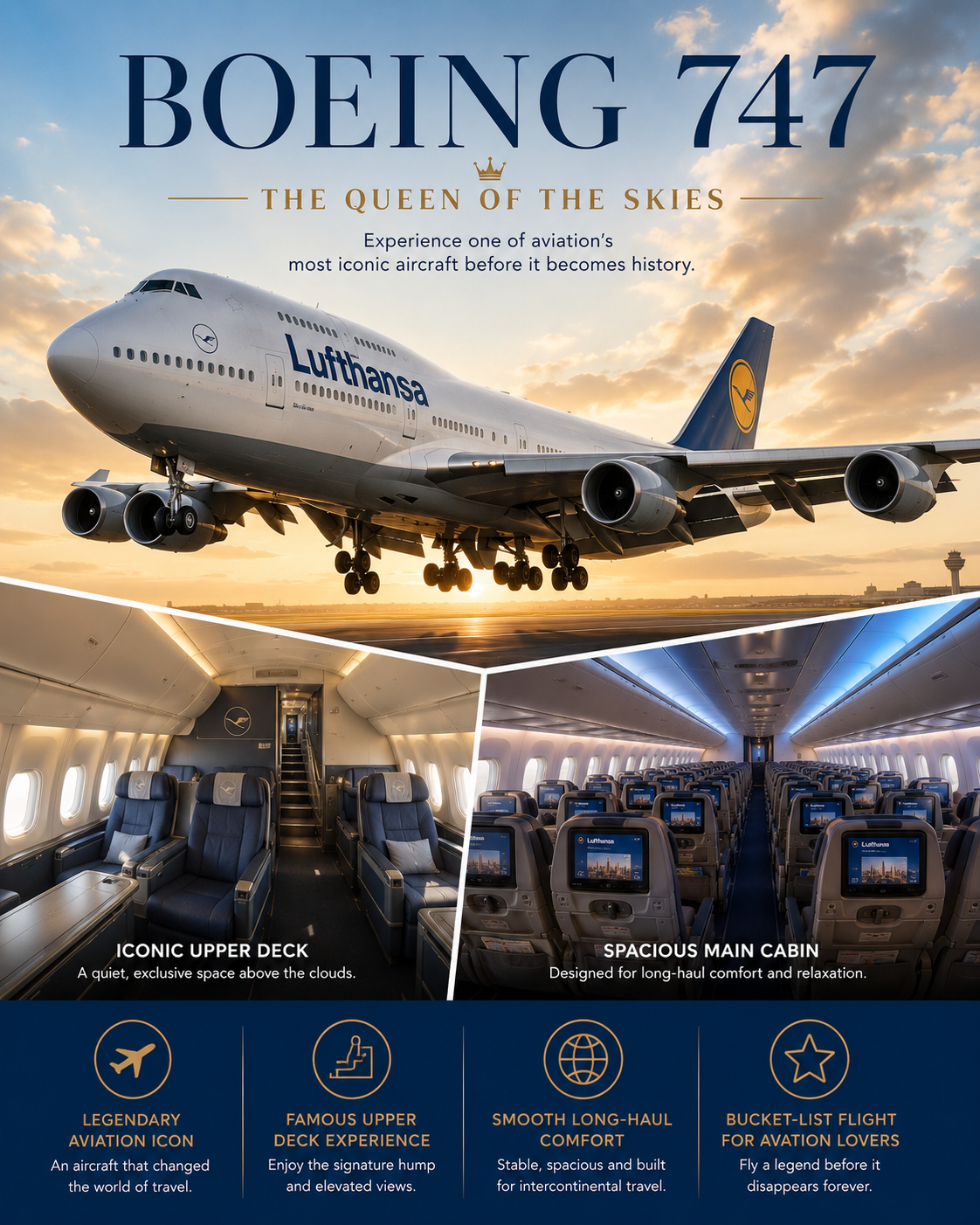 Lufthansa Boeing 747 Queen of the Skies climbing after takeoff against a blue sky, highlighting one of aviation's most iconic long-haul passenger aircraft.