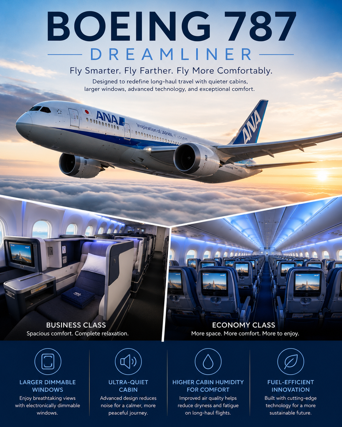 ANA Boeing 787 Dreamliner soaring above the clouds at sunrise, featuring the fuel-efficient aircraft known for quiet cabins and exceptional passenger comfort.